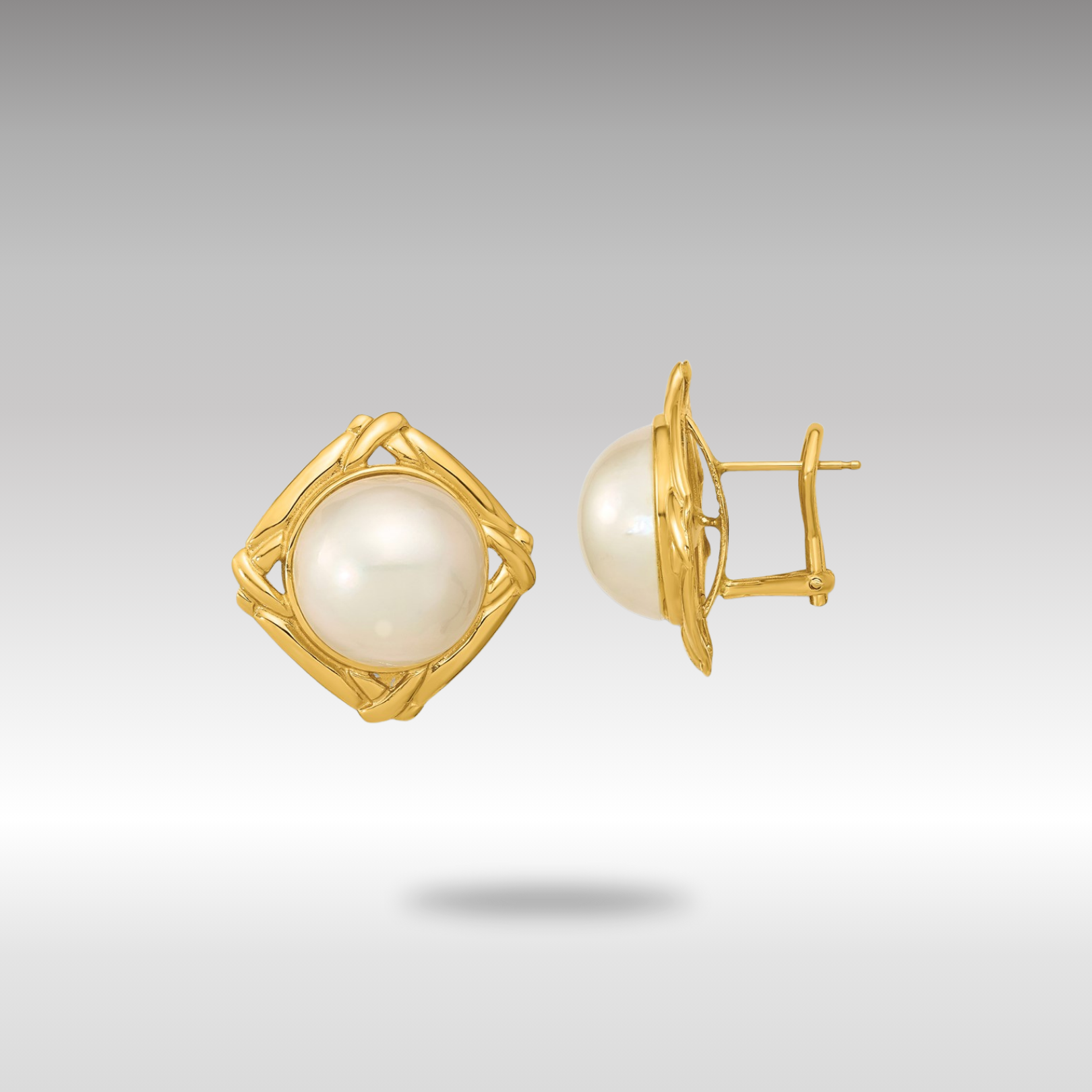 Gold 13-14mm White Mabe Saltwater Cultured Pearl Omega Back Earrings - Model XMP100 - Charlie & Co. Jewelry