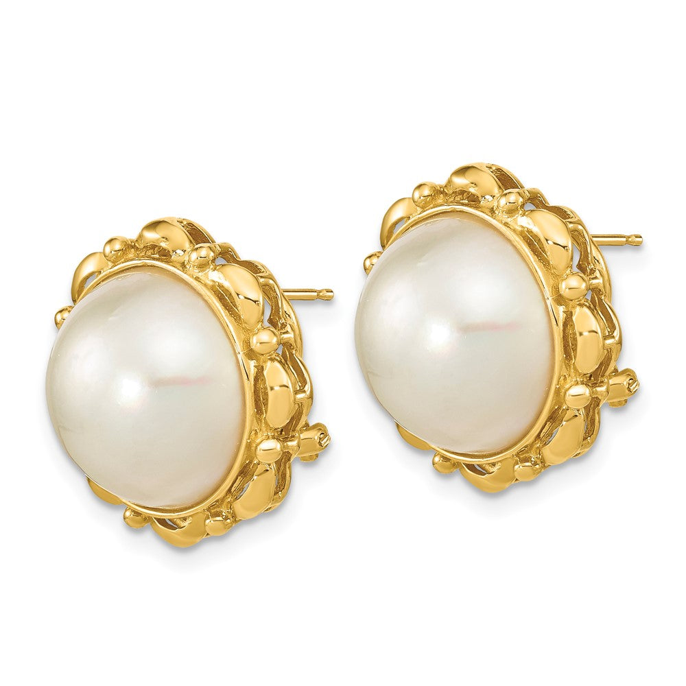 Gold 13-14mm White Saltwater Mabe Pearl Omega Back Earrings - Model XMP101 - Charlie & Co. Jewelry