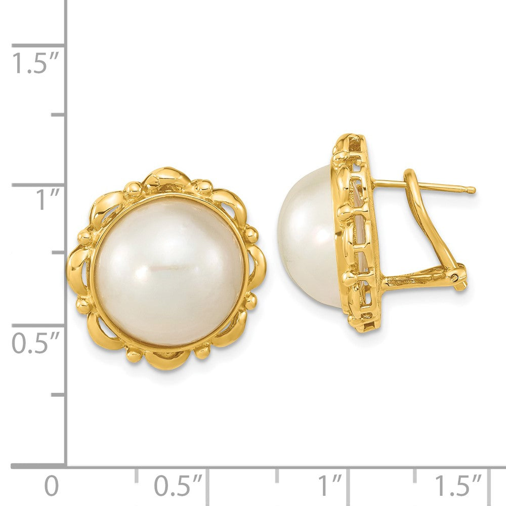 Gold 13-14mm White Saltwater Mabe Pearl Omega Back Earrings - Model XMP101 - Charlie & Co. Jewelry