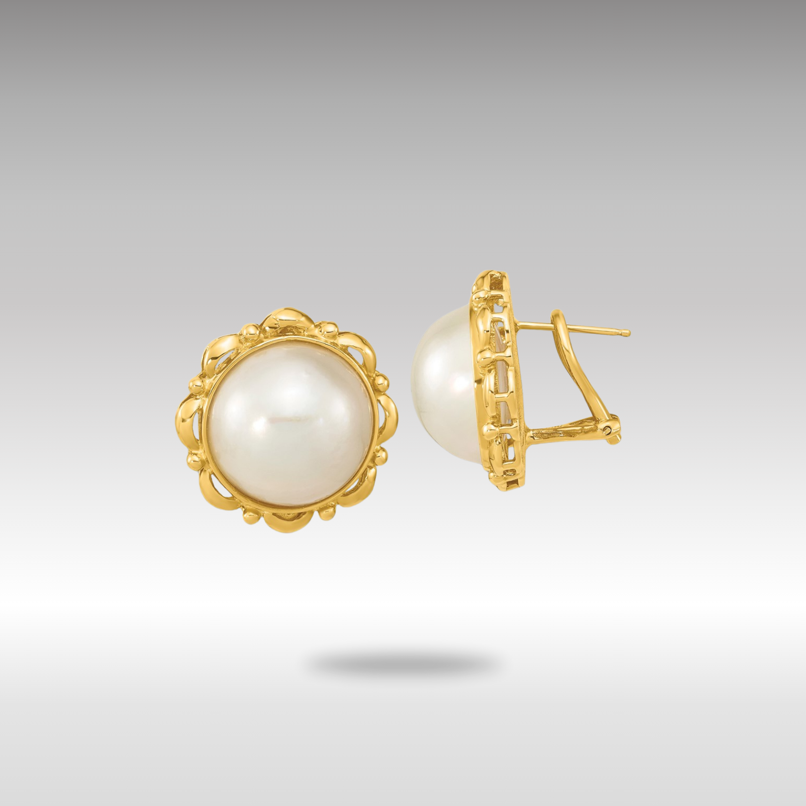 Gold 13-14mm White Saltwater Mabe Pearl Omega Back Earrings - Model XMP101 - Charlie & Co. Jewelry