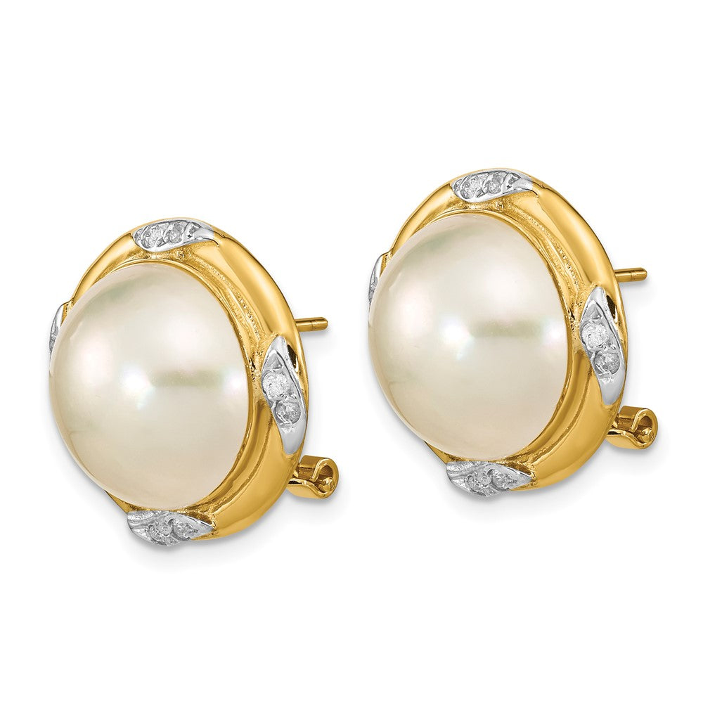 Gold 13-14mm White Saltwater Mabe Pearl .16ct Dia. Omega Back Earrings - Model XMP102 - Charlie & Co. Jewelry