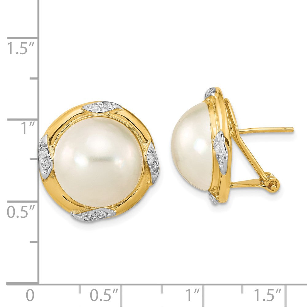 Gold 13-14mm White Saltwater Mabe Pearl .16ct Dia. Omega Back Earrings - Model XMP102 - Charlie & Co. Jewelry