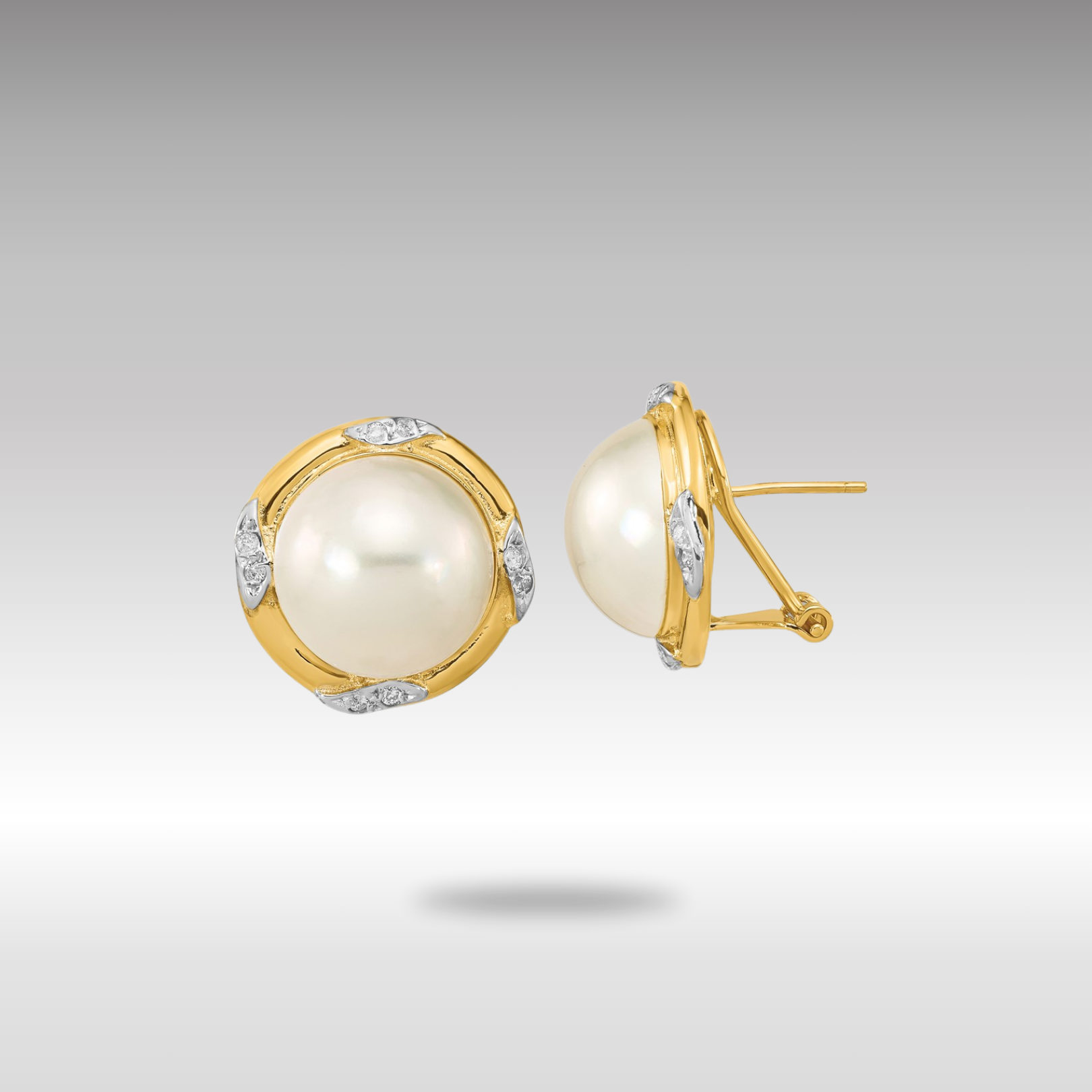 Gold 13-14mm White Saltwater Mabe Pearl .16ct Dia. Omega Back Earrings - Model XMP102 - Charlie & Co. Jewelry