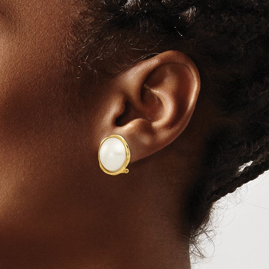 14K Gold 14-15mm White Freshwater Cultured Mabe Pearl Omega Back Earrings - Model XMP70