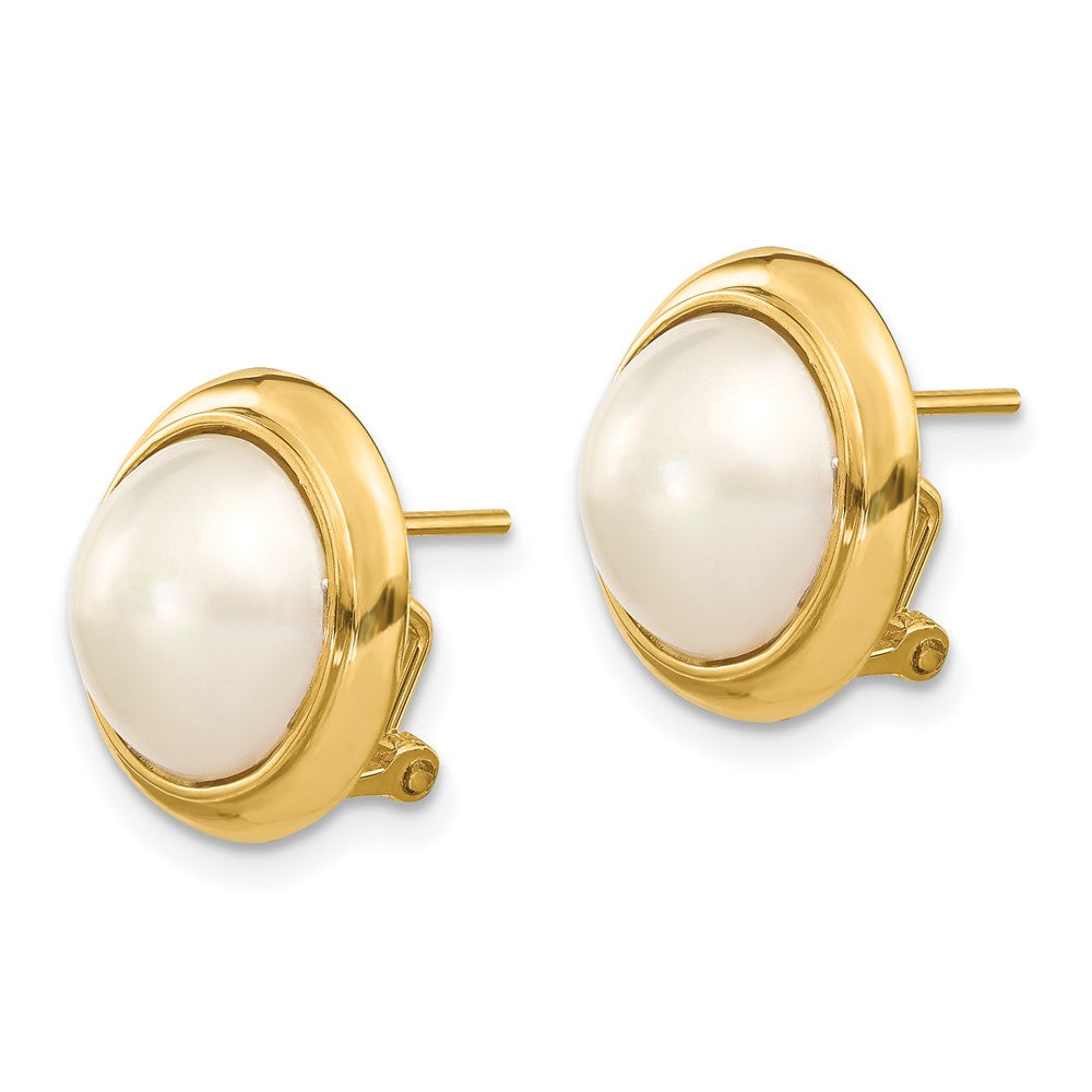 Gold 10-11mm White Freshwater Cultured Mabe Pearl Omega Back Earrings - Model XMP85 - Charlie & Co. Jewelry