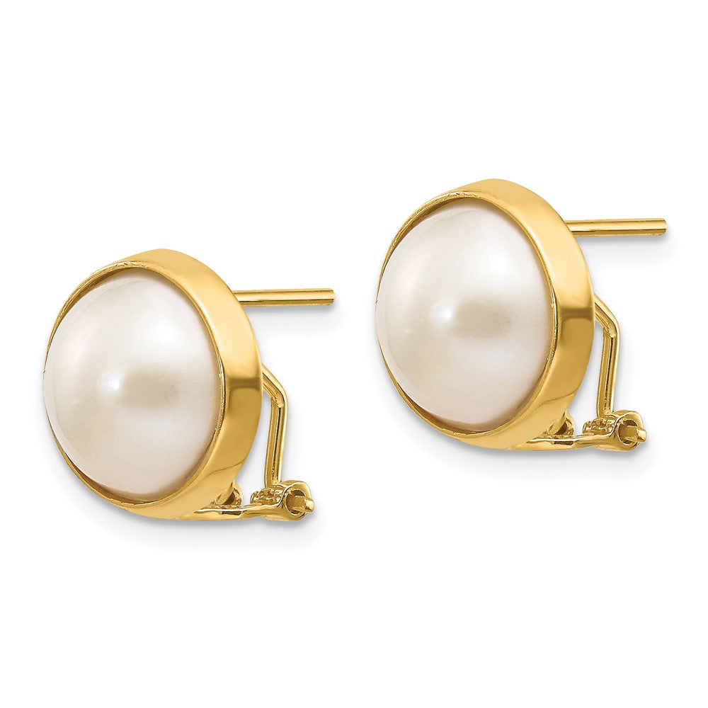 Gold 10-11mm White Freshwater Cultured Mabe Pearl Omega Back Earrings - Model XMP86 - Charlie & Co. Jewelry