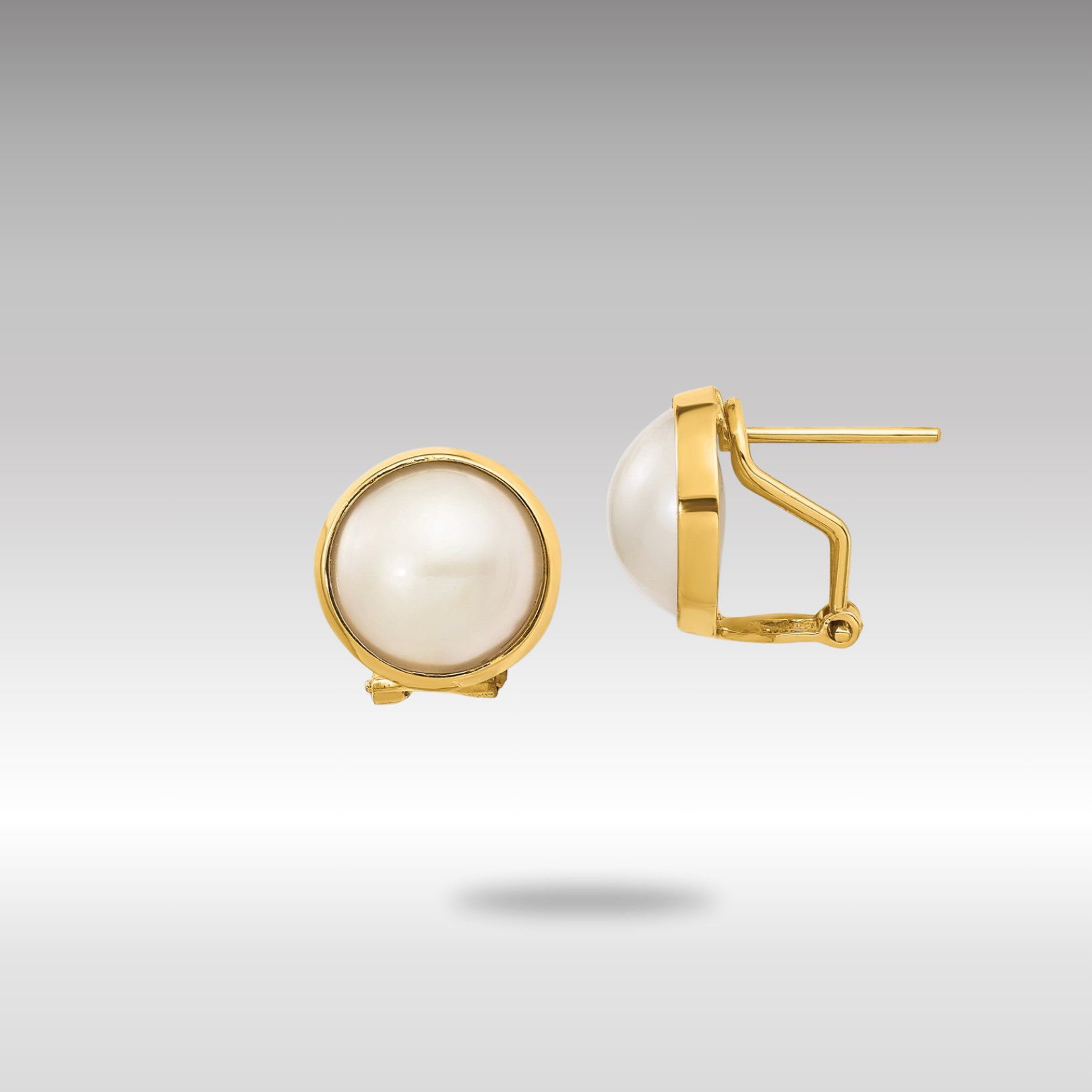 Gold 10-11mm White Freshwater Cultured Mabe Pearl Omega Back Earrings - Model XMP86 - Charlie & Co. Jewelry