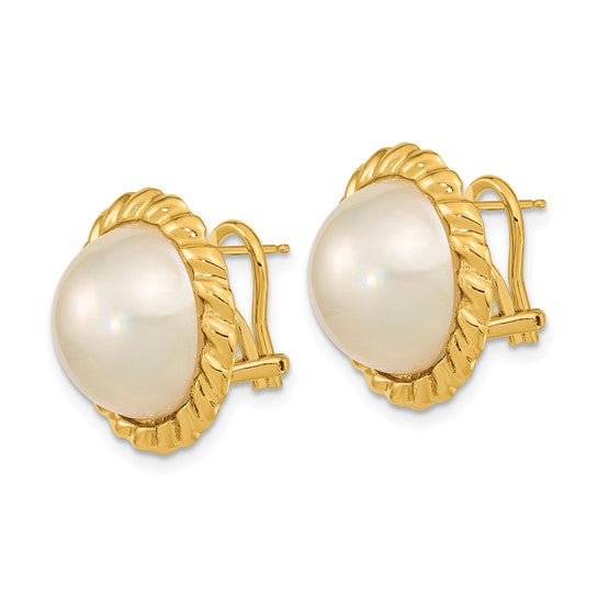 14K Gold 13-14mm White Mabe Saltwater Cultured Pearl Omega Back Earrings - Model XMP97