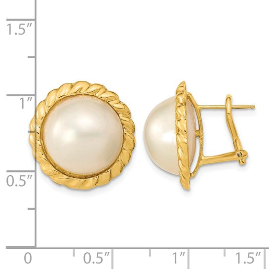 14K Gold 13-14mm White Mabe Saltwater Cultured Pearl Omega Back Earrings - Model XMP97