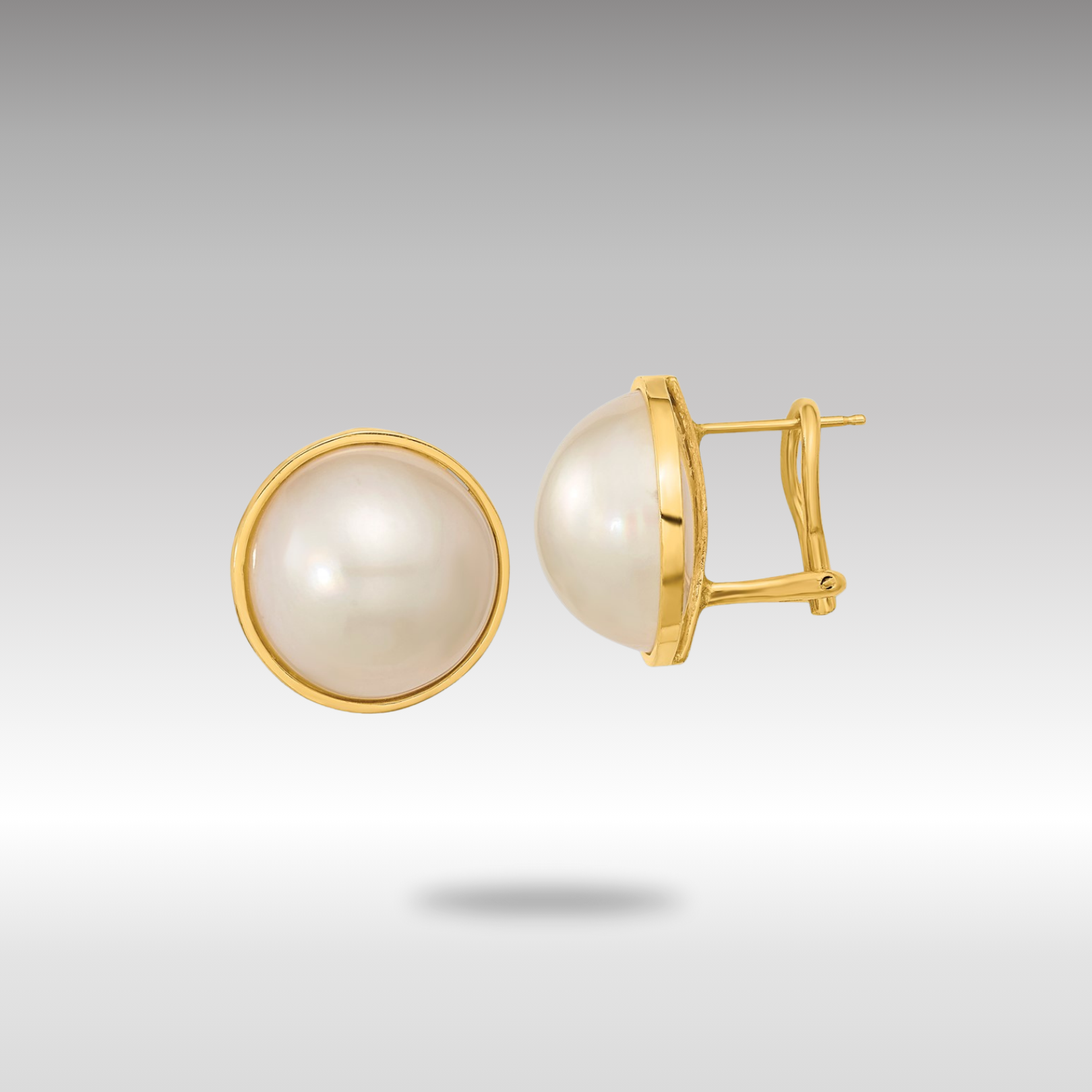 Gold 14-15mm White Mabe Saltwater Cultured Pearl Omega Back Earrings - Model XMP98 - Charlie & Co. Jewelry