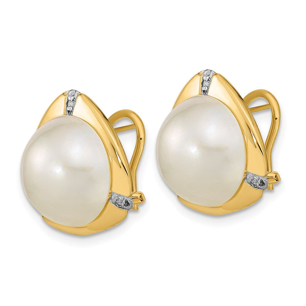 Gold 12-13mm White Saltwater Mabe Pearl .06ct Diamond Omega Back Earrings - Model XMP99 - Charlie & Co. Jewelry