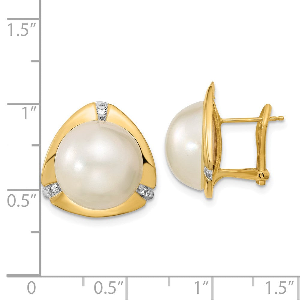 Gold 12-13mm White Saltwater Mabe Pearl .06ct Diamond Omega Back Earrings - Model XMP99 - Charlie & Co. Jewelry