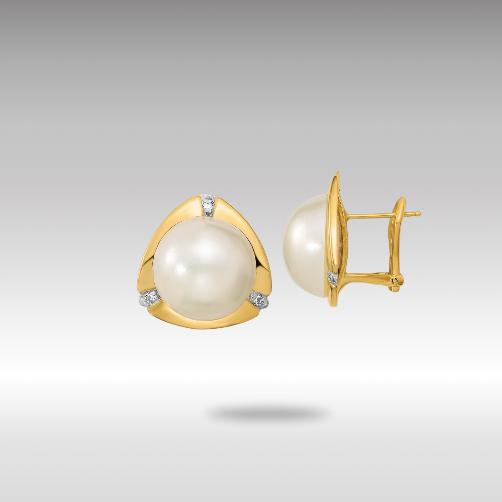 Gold 12-13mm White Saltwater Mabe Pearl .06ct Diamond Omega Back Earrings - Model XMP99 - Charlie & Co. Jewelry