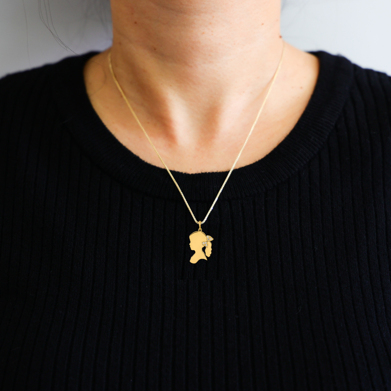 Gold Girls Silhouette with Diamond Bow Charm Necklace - Model XNA1475Y - Charlie & Co. Jewelry