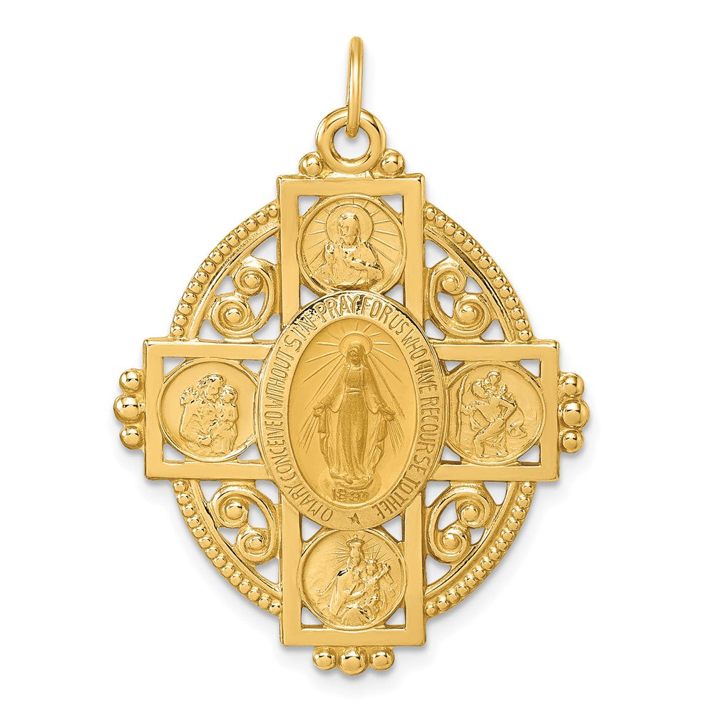 Charlie & Co Jewelry | 14k Polished Miraculous Medal And Four-way Cross In Filigree Oval Pendant - Model XR2187