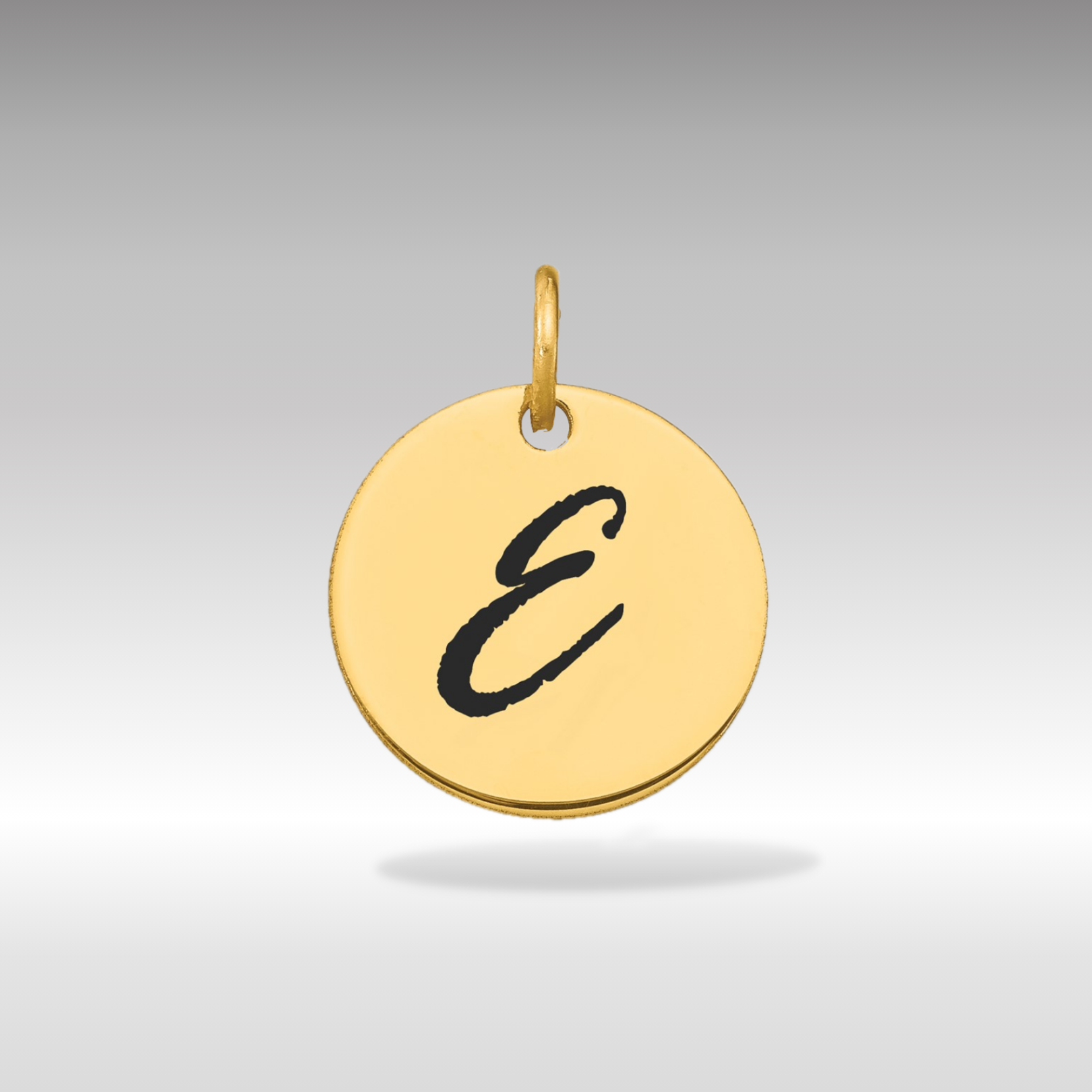 14K Gold Script Letter 'E' Circular Charm with Black Enamel - Charlie & Co. Jewelry