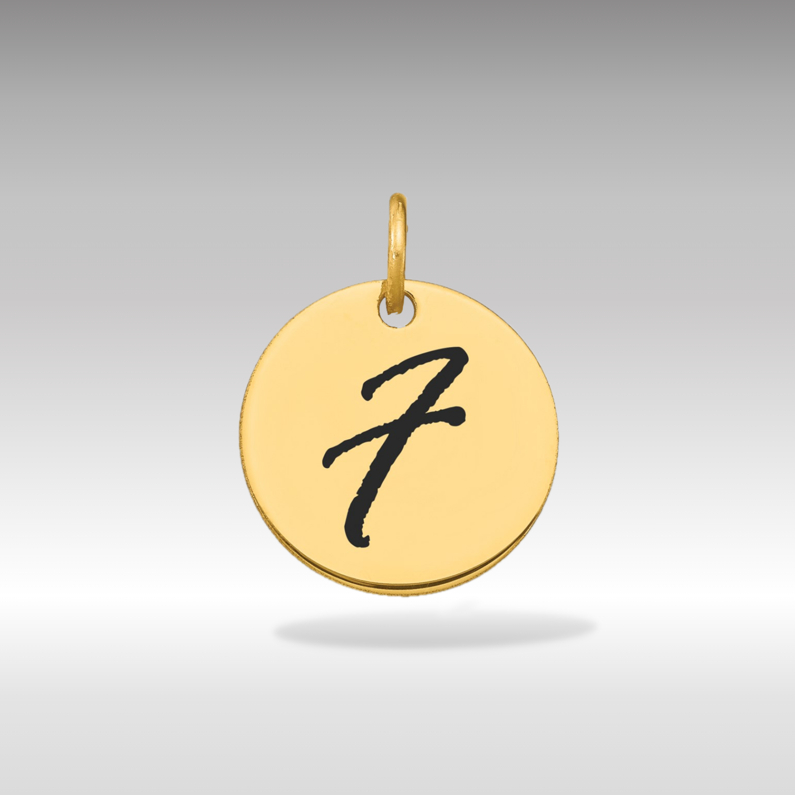 14K Gold Script Letter 'F' Circular Charm with Black Enamel - Charlie & Co. Jewelry
