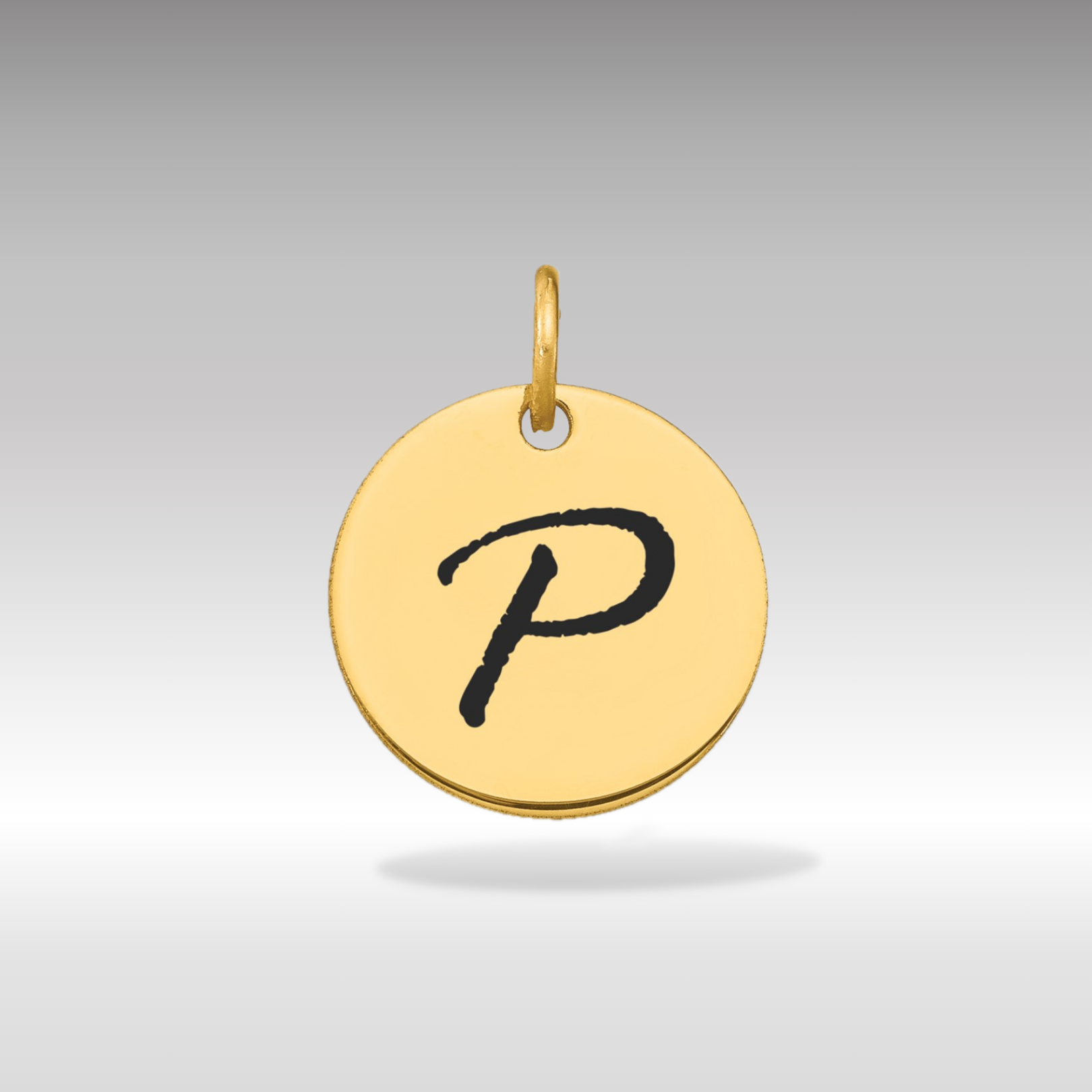 14K Gold Script Letter 'P' Circular Charm with Black Enamel - Charlie & Co. Jewelry