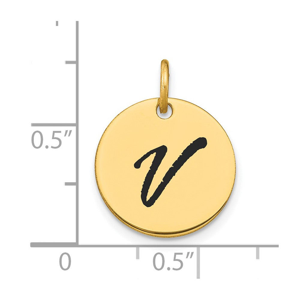 14K Gold Script Letter 'V' Circular Charm with Black Enamel - Charlie & Co. Jewelry