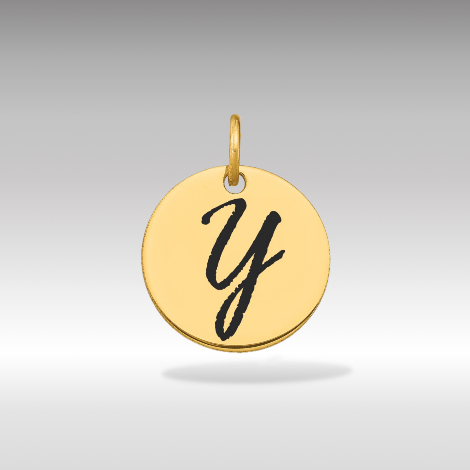14K Gold Script Letter 'Y' Circular Charm with Black Enamel - Charlie & Co. Jewelry