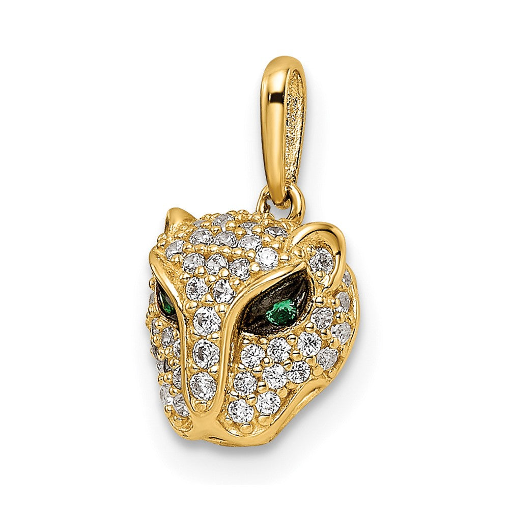 14k Gold Lioness Head Necklace Pendant with Green & White CZ - Charlie & Co. Jewelry