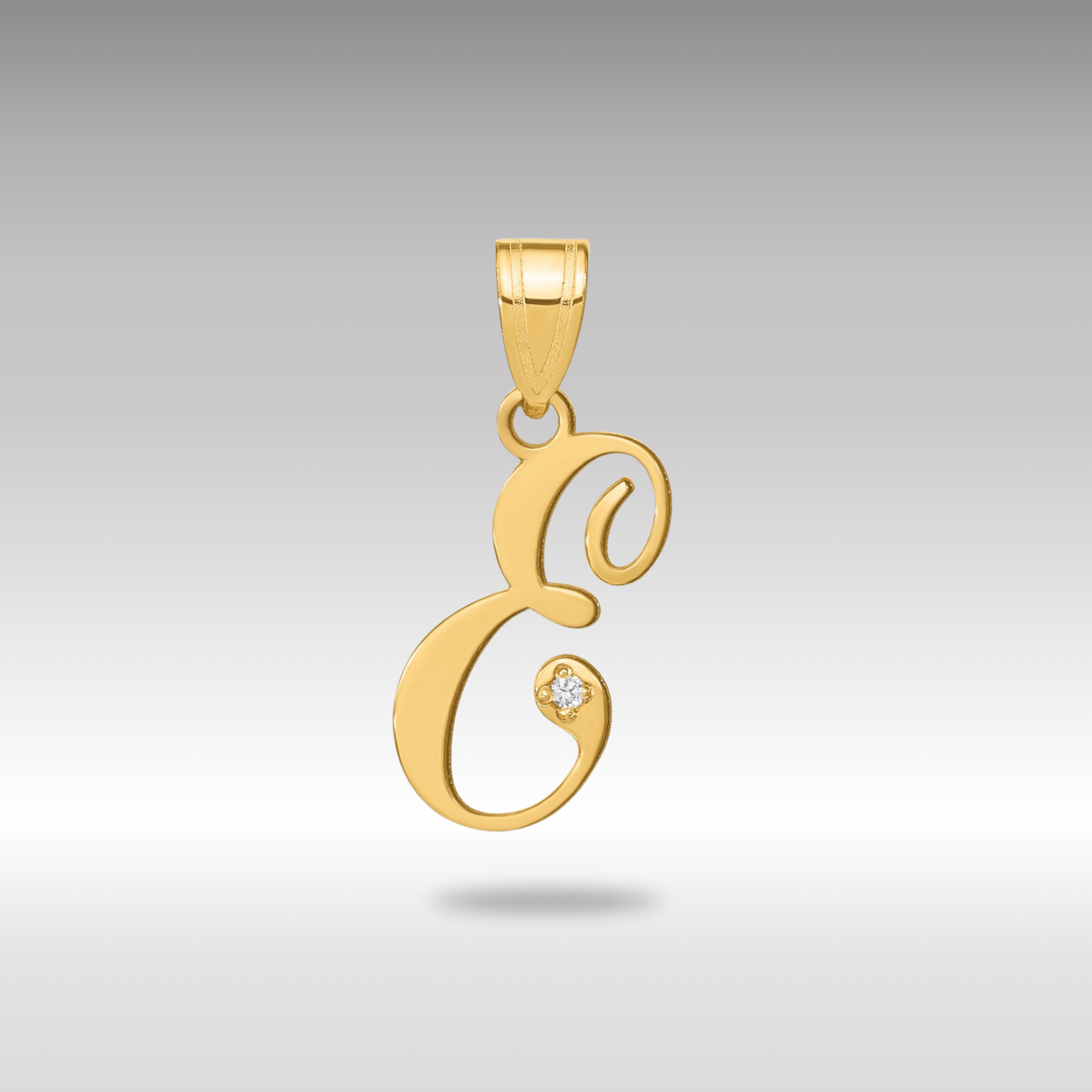 Gold Script Letter E Initial Pendant with Diamond - Model YC252E - Charlie & Co. Jewelry