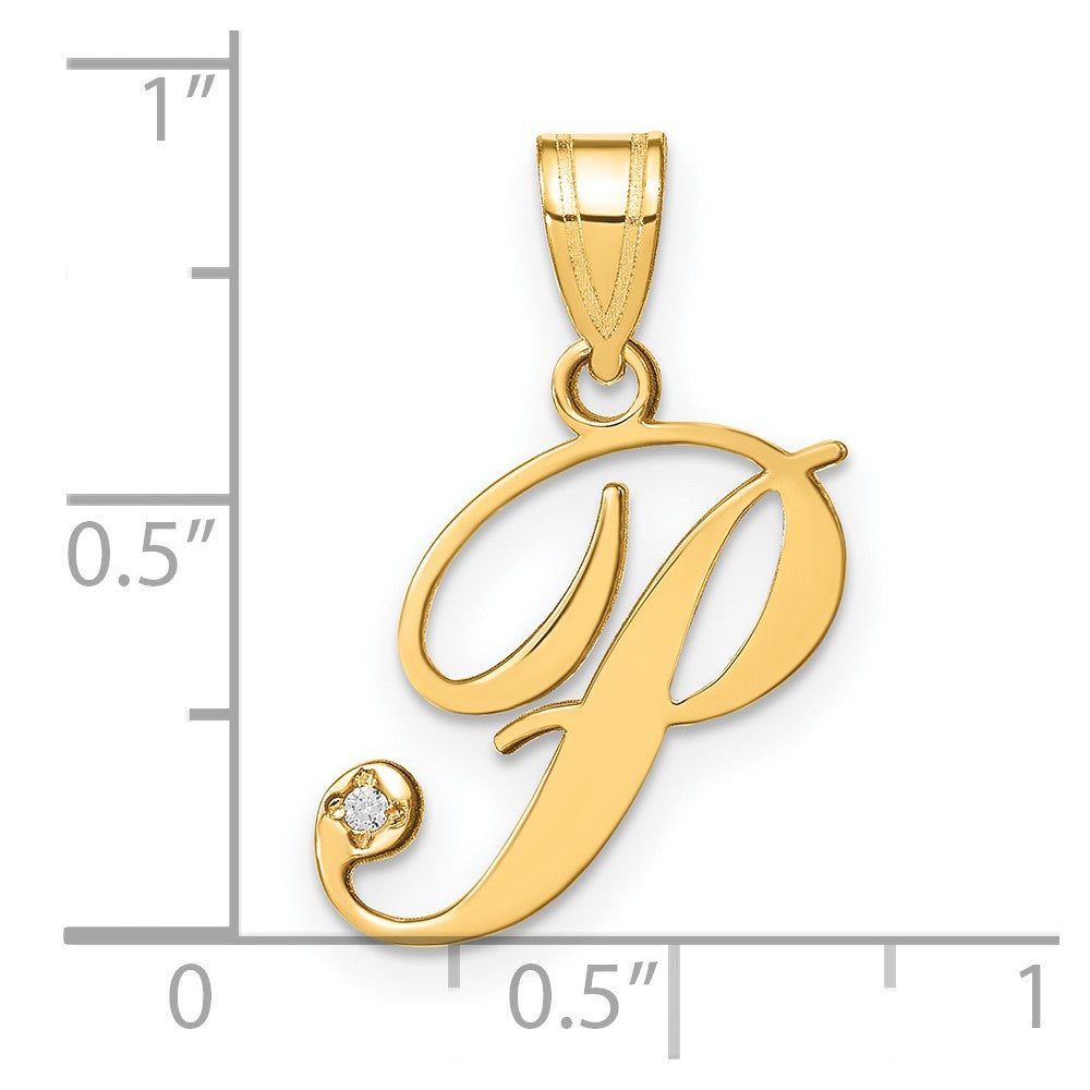 Gold Script Letter P Initial Pendant with Diamond - Model YC252P - Charlie & Co. Jewelry