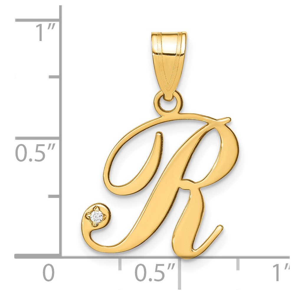 Gold Script Letter R Initial Pendant with Diamond - Model YC252R - Charlie & Co. Jewelry