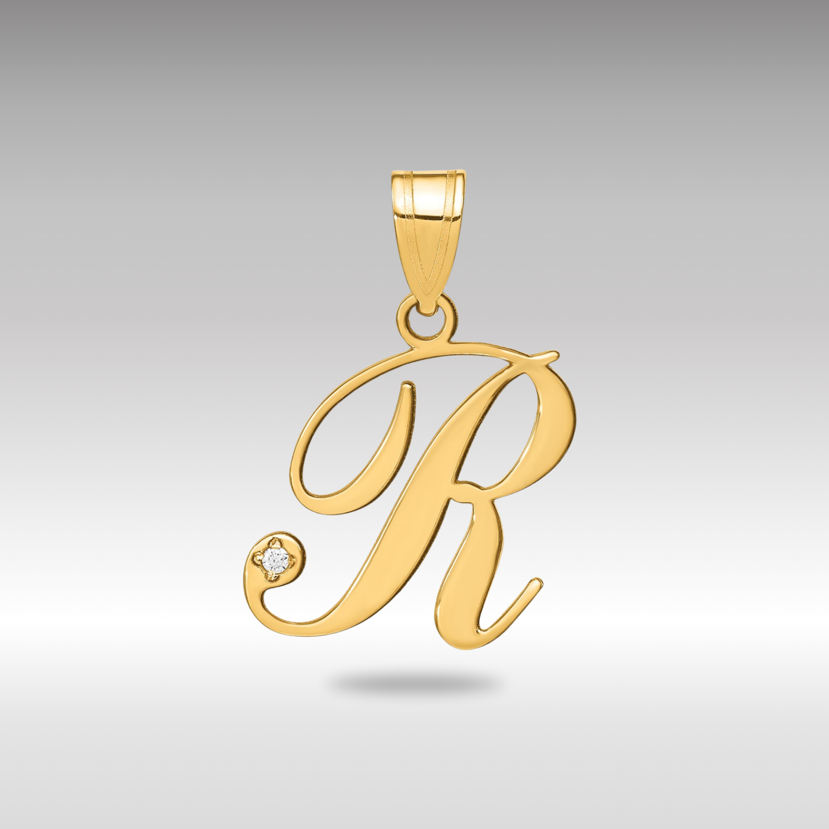 Gold Script Letter R Initial Pendant with Diamond - Model YC252R - Charlie & Co. Jewelry