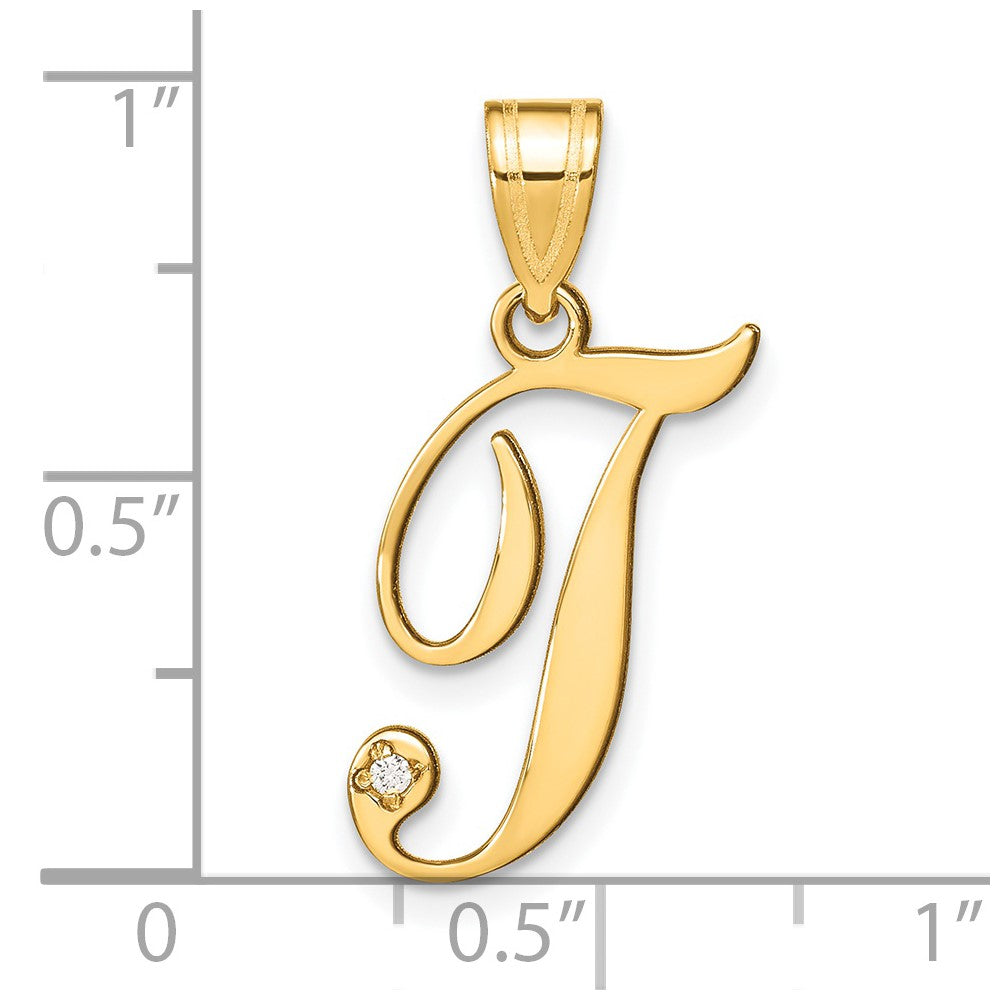 Gold Script Letter T Initial Pendant with Diamond - Model YC252T - Charlie & Co. Jewelry