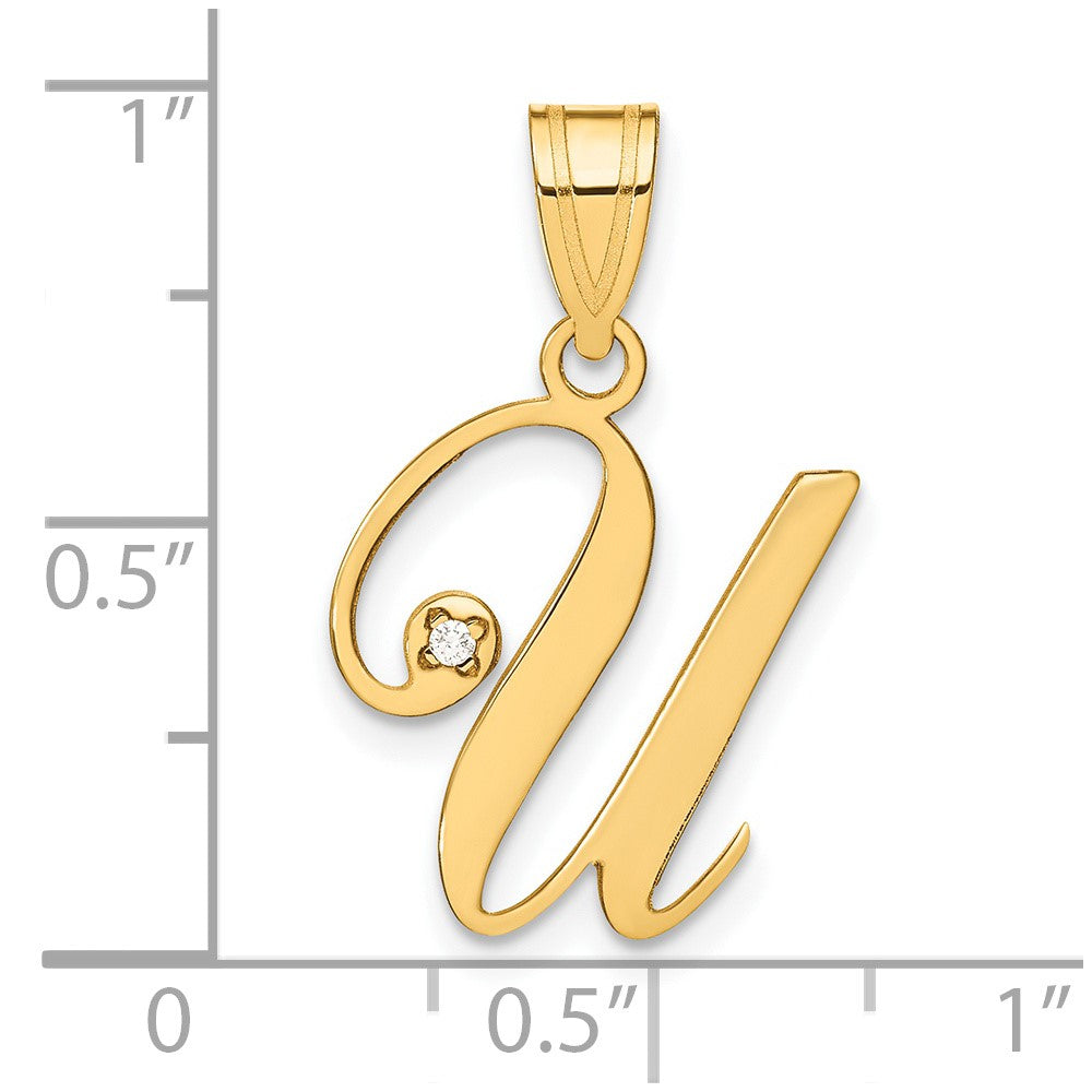 Gold Script Letter U Initial Pendant with Diamond - Model YC252U - Charlie & Co. Jewelry