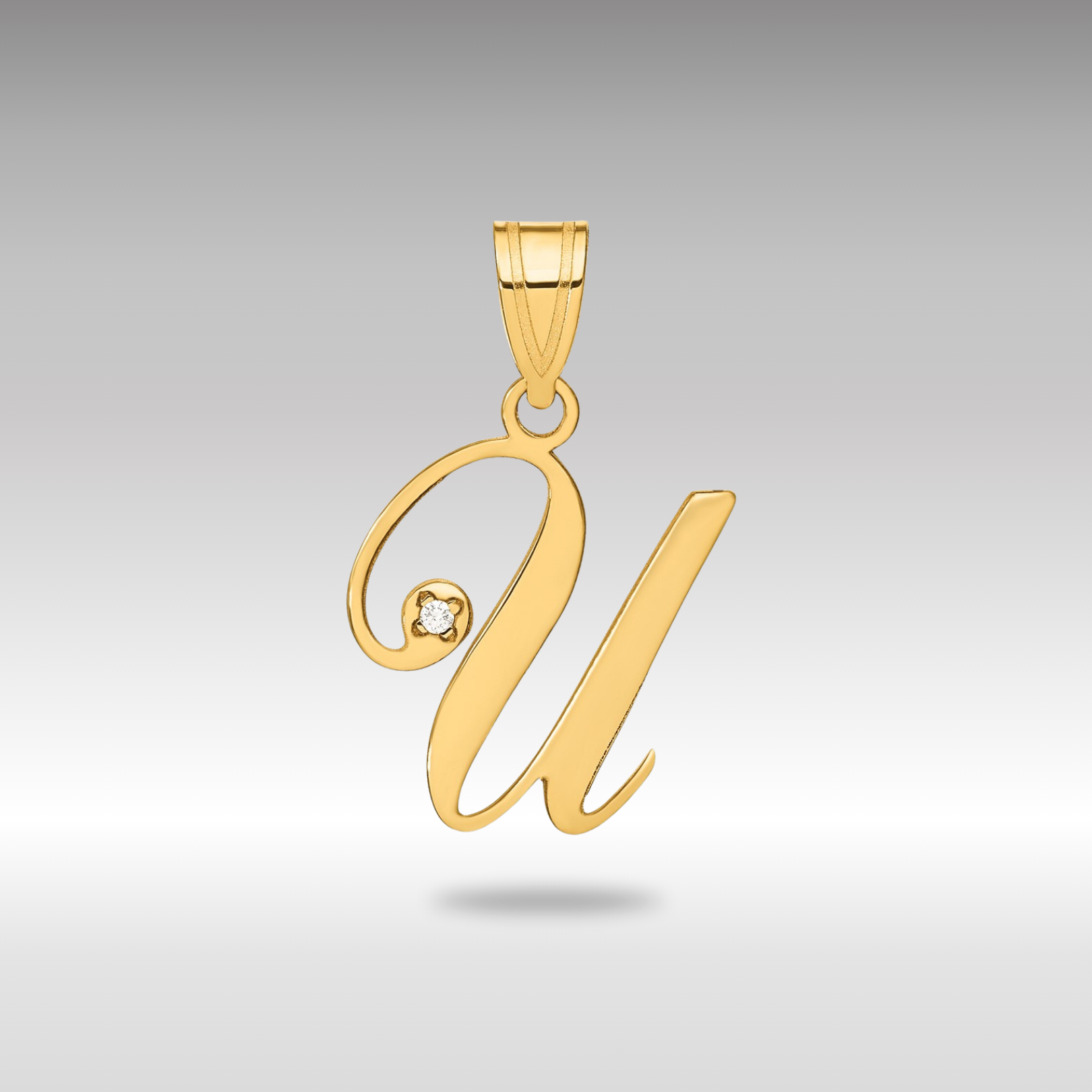 Gold Script Letter U Initial Pendant with Diamond - Model YC252U - Charlie & Co. Jewelry