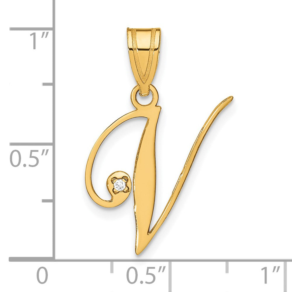 Gold Script Letter V Initial Pendant with Diamond - Model YC252V - Charlie & Co. Jewelry