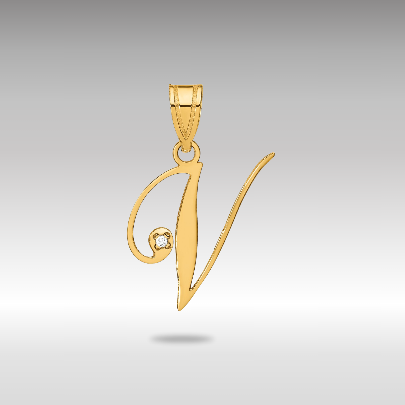 Gold Script Letter V Initial Pendant with Diamond - Model YC252V - Charlie & Co. Jewelry