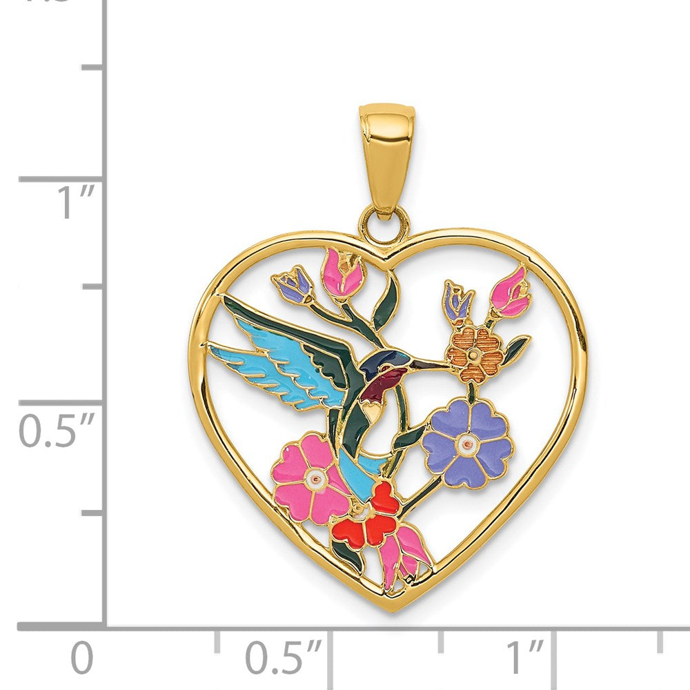 14K Gold Enameled Hummingbird and Flowers Heart Charm - Charlie & Co. Jewelry