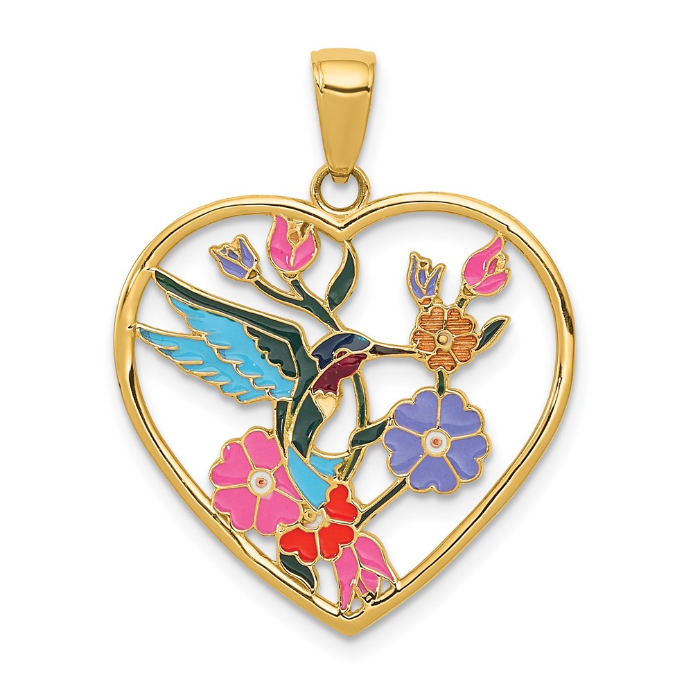 14K Gold Enameled Hummingbird and Flowers Heart Charm - Charlie & Co. Jewelry