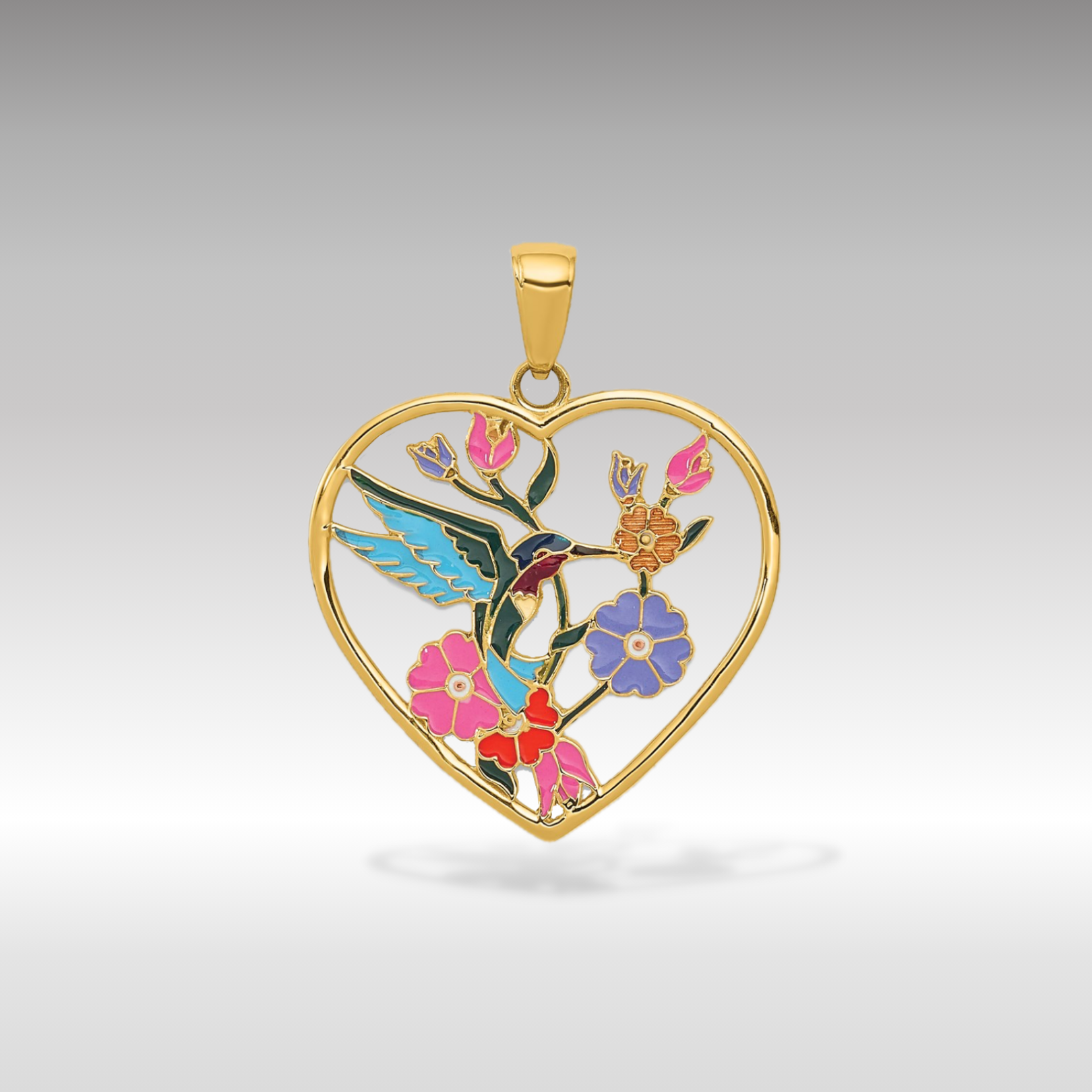 14K Gold Enameled Hummingbird and Flowers Heart Charm - Charlie & Co. Jewelry