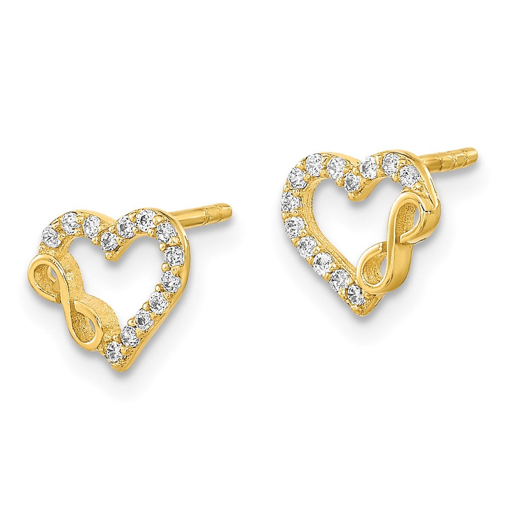 Gold Polished Cut Out Heart and Infinity Sign CZ Post Earrings - Model YE2033 - Charlie & Co. Jewelry