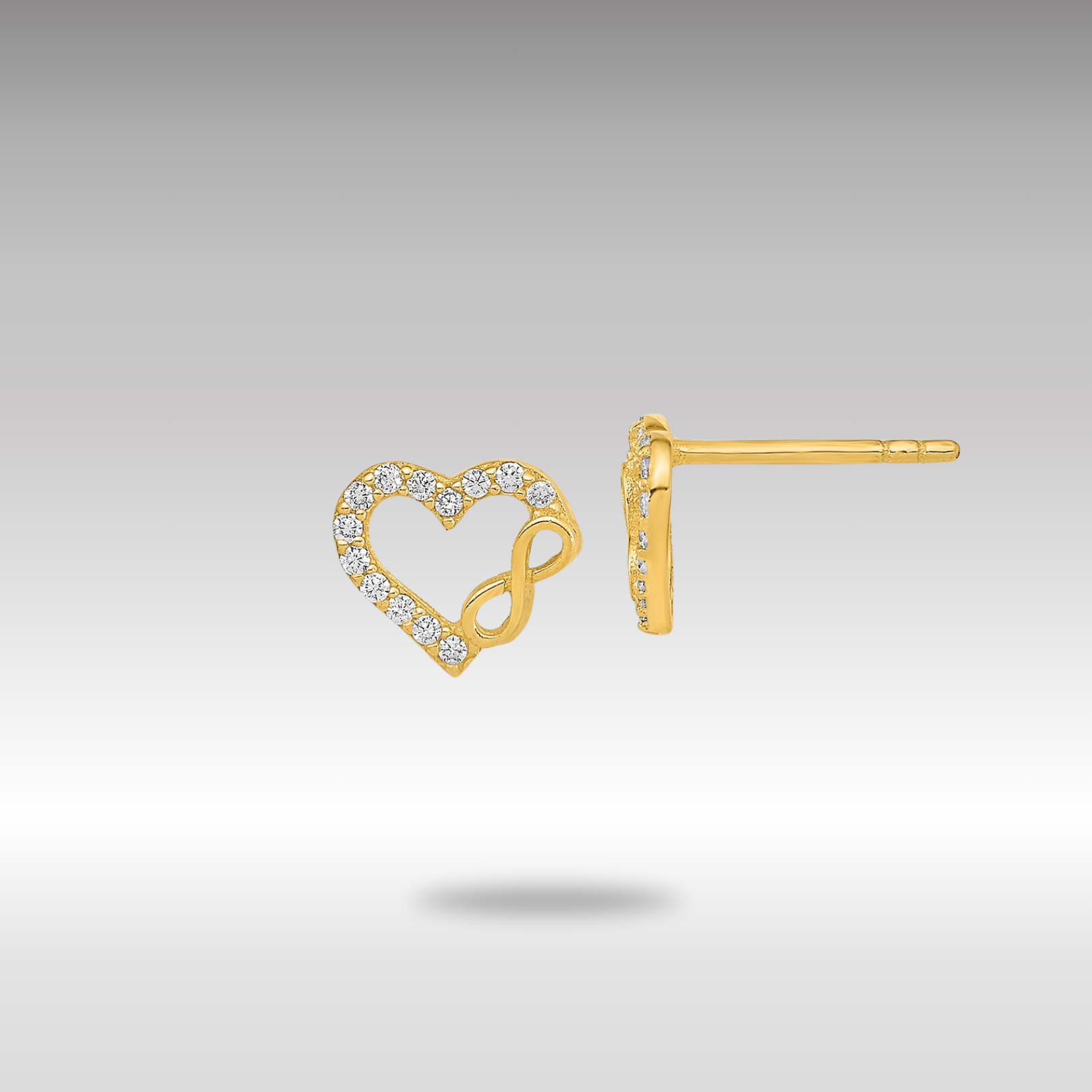 Gold Polished Cut Out Heart and Infinity Sign CZ Post Earrings - Model YE2033 - Charlie & Co. Jewelry