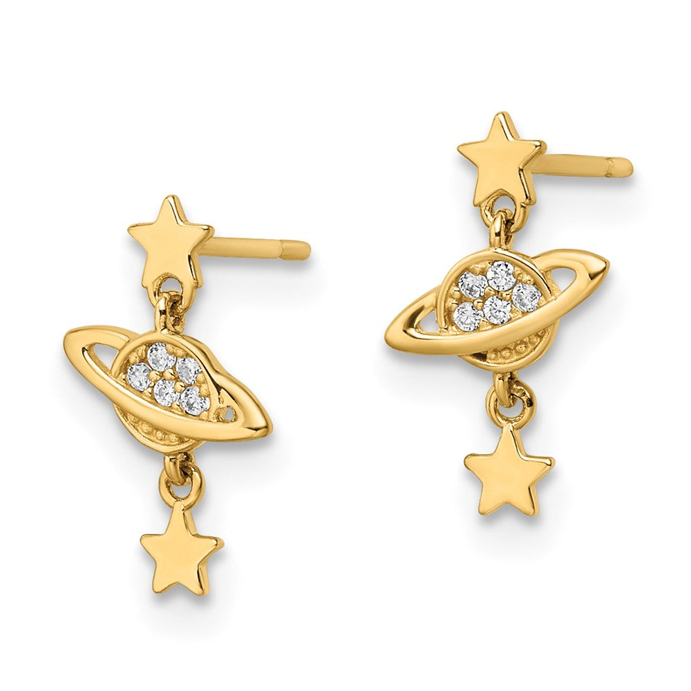 Gold CZ Saturn and Stars Dangle Post Earrings - Model YE2050 - Charlie & Co. Jewelry