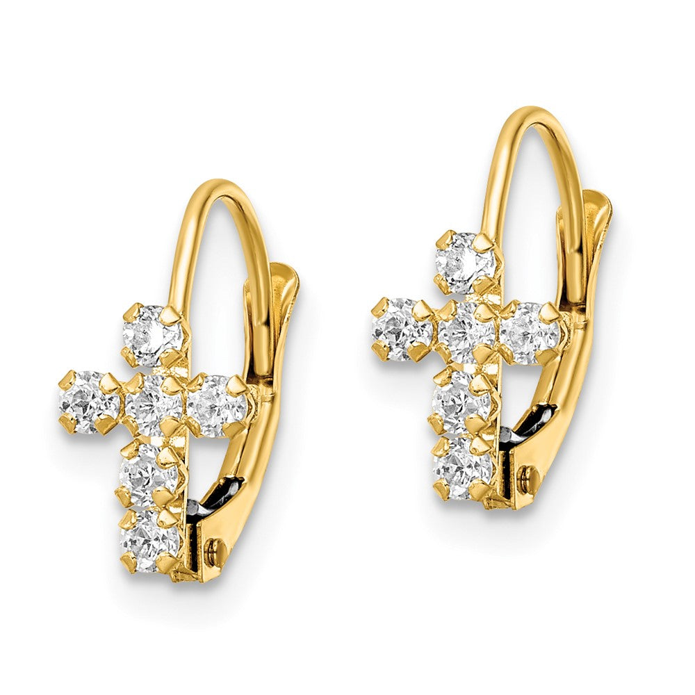 Gold CZ Polished Leverback Cross Earrings - Model YE2120 - Charlie & Co. Jewelry