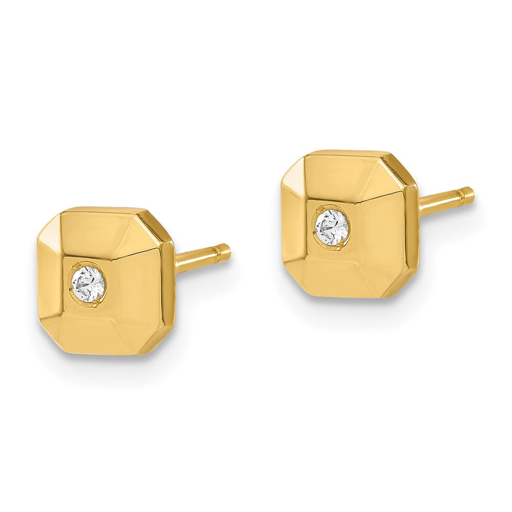 Gold Polished Faceted Square and CZ Post Earrings - Model YE238 - Charlie & Co. Jewelry