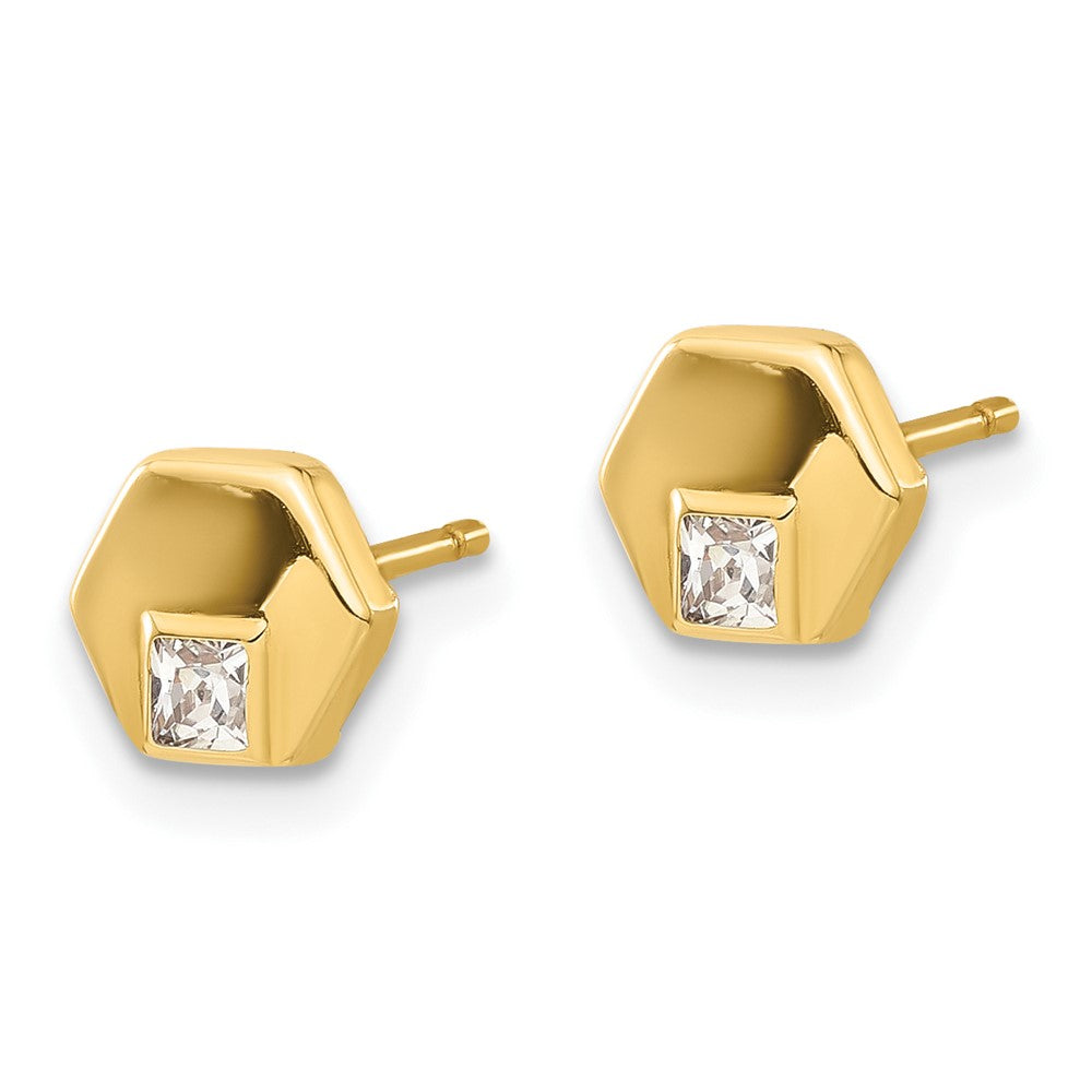 Gold Polished Hexagon CZ Post Earrings - Model YE255 - Charlie & Co. Jewelry