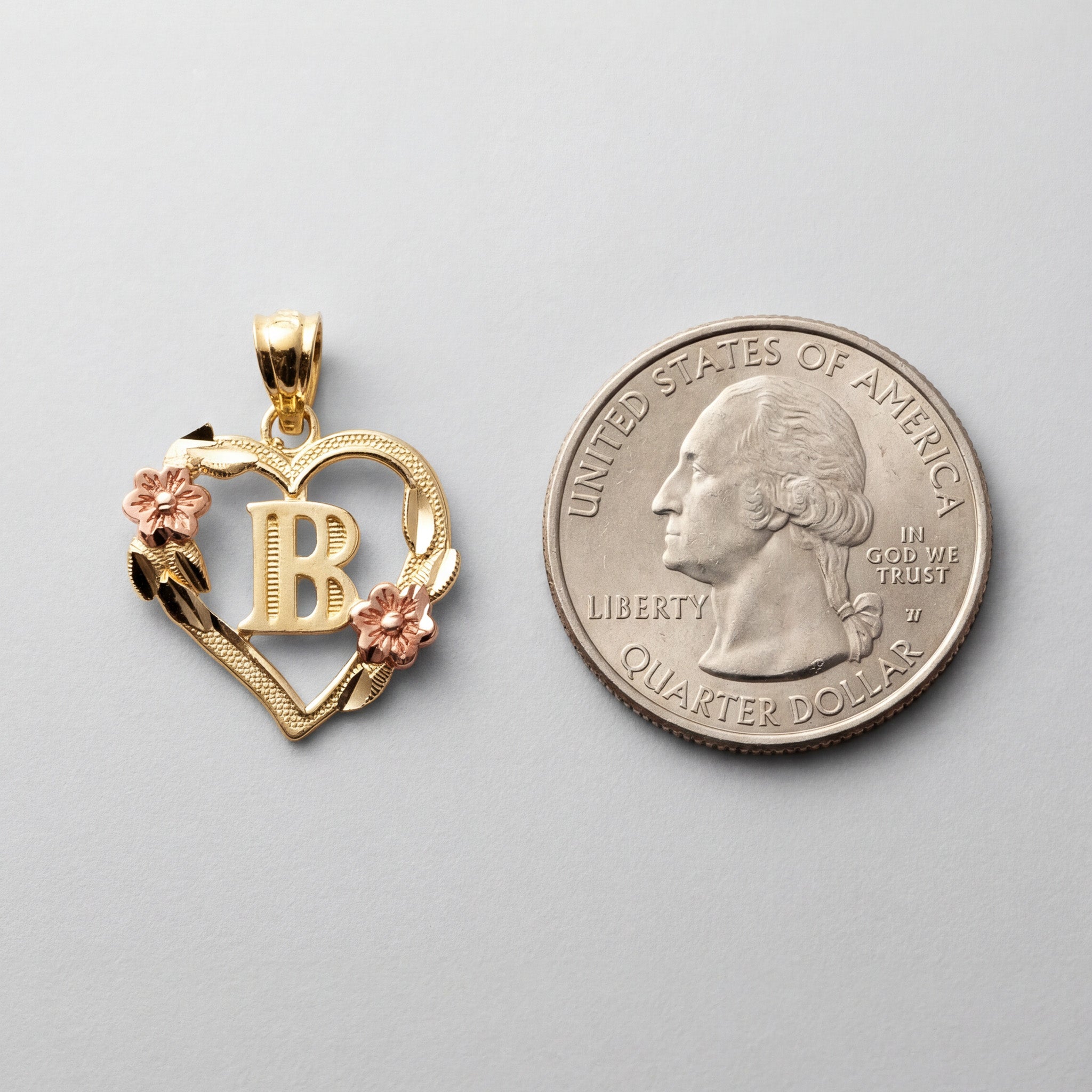 14K Gold Heart Letter B Pendant with Flowers | A-Z Pendants - Charlie & Co. Jewelry