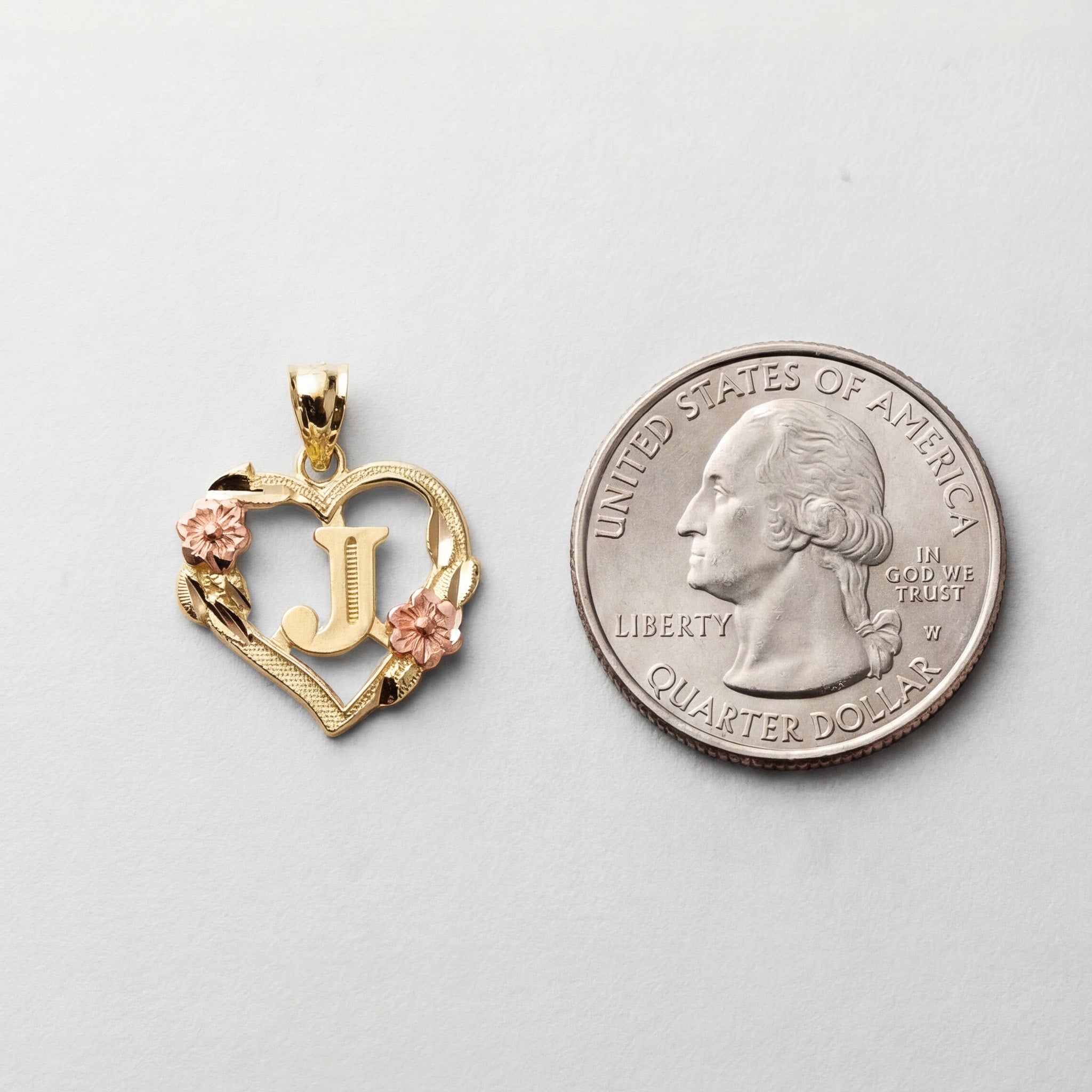 14K Gold Heart Letter J Pendant with Flowers | A-Z Pendants - Charlie & Co. Jewelry