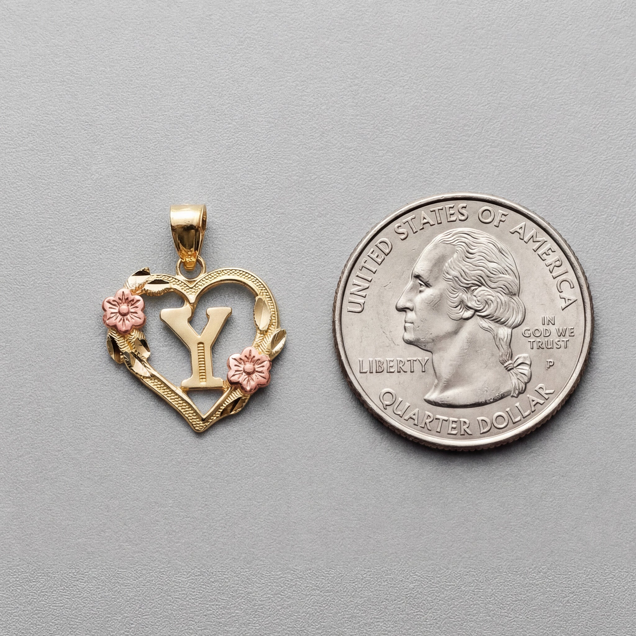 14K Gold Heart Letter Y Pendant with Flowers | A-Z Pendants - Charlie & Co. Jewelry