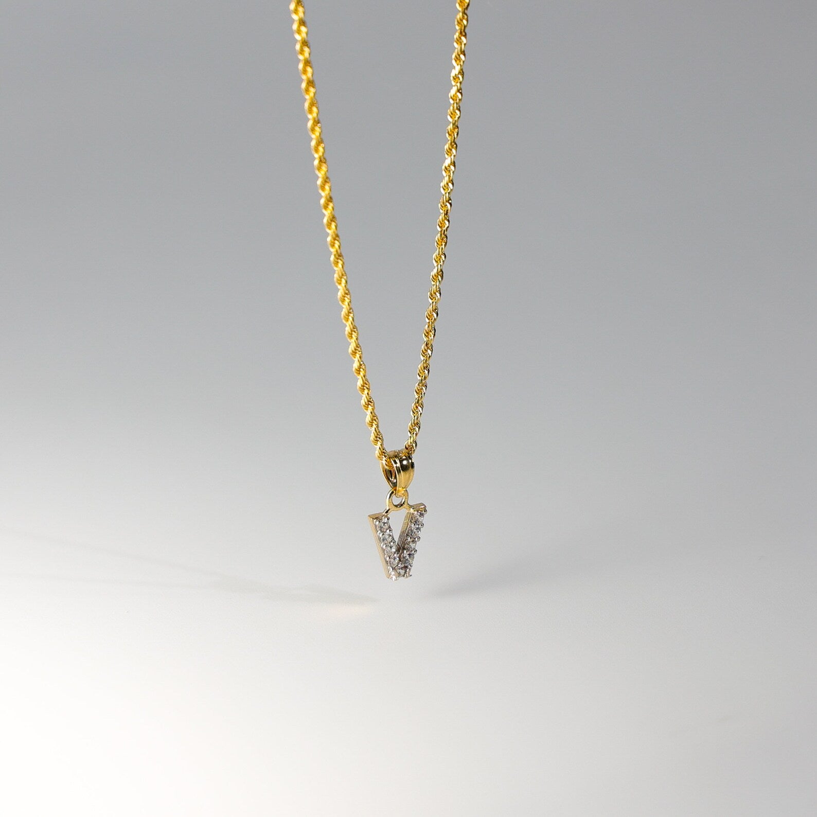 Gold Cubic Zirconia Letter V Pendant | A-Z Pendants - Charlie & Co. Jewelry