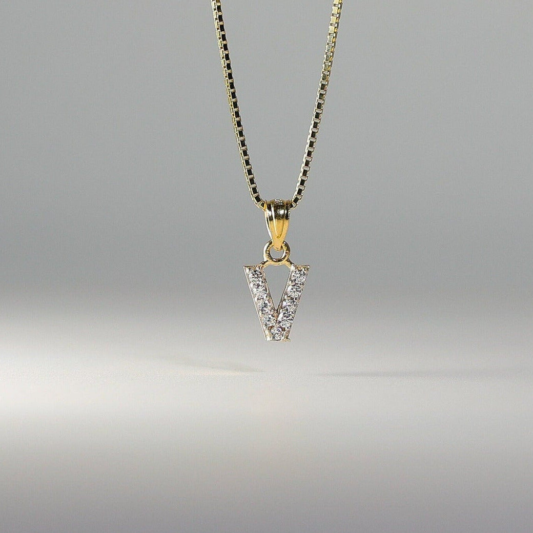 Gold Cubic Zirconia Letter V Pendant | A-Z Pendants - Charlie & Co. Jewelry
