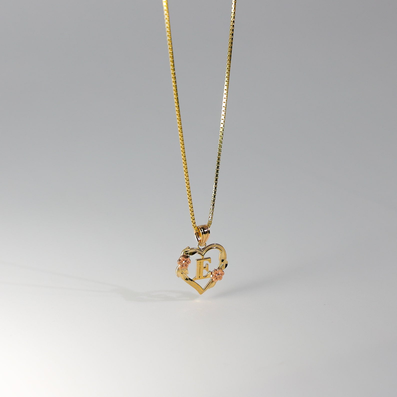 Gold Heart Initial E Pendant | A-Z Pendants - Charlie & Co. Jewelry