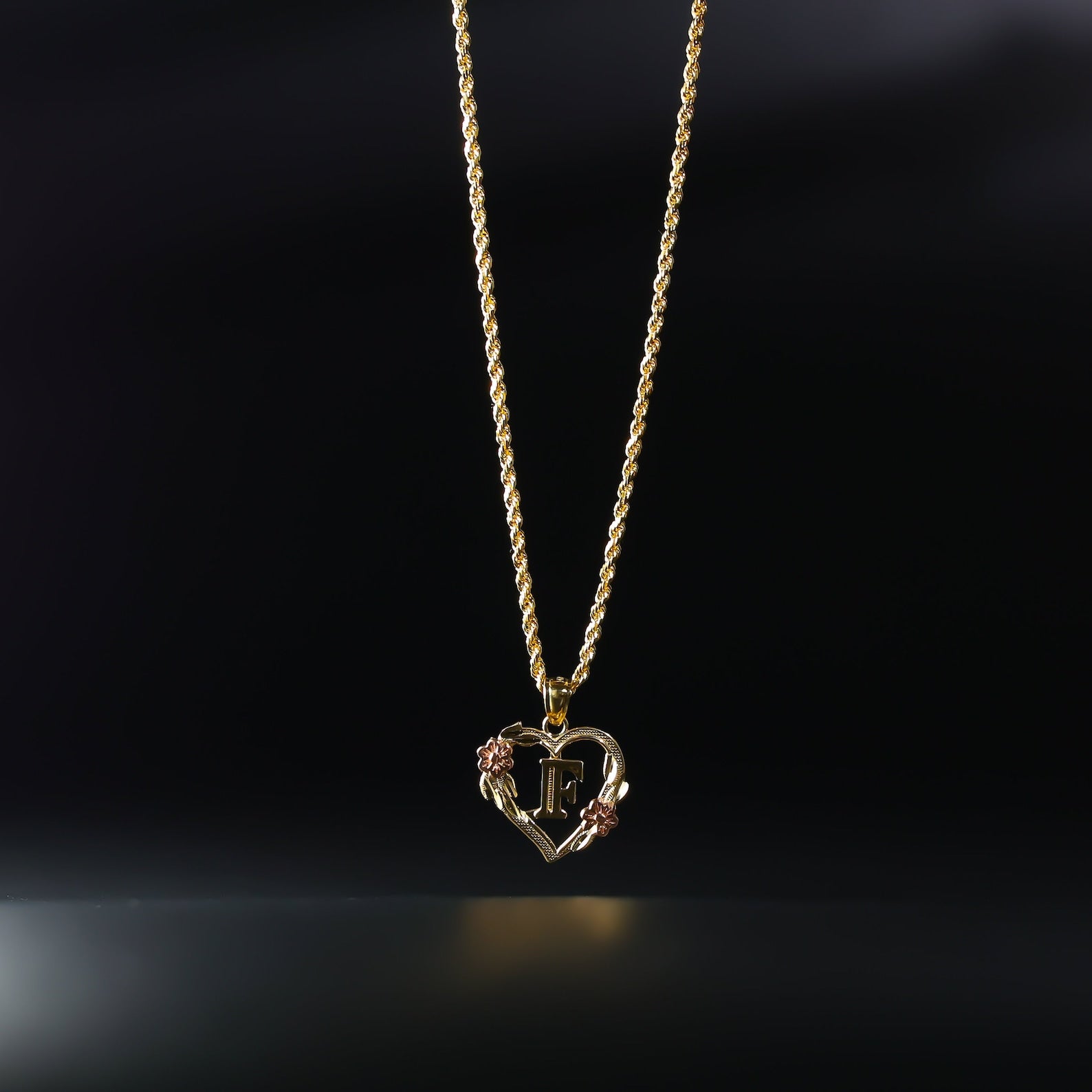 Gold Heart Initial F Pendant | A-Z Pendants - Charlie & Co. Jewelry